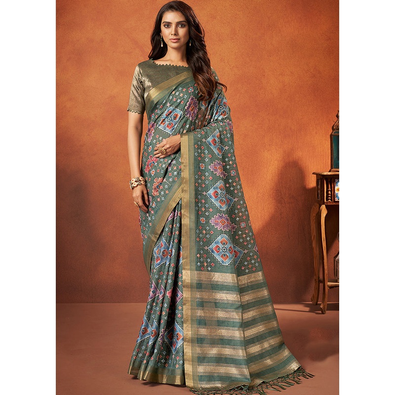 Green Spun Silk Saree With Blouse Piece - JD986587363