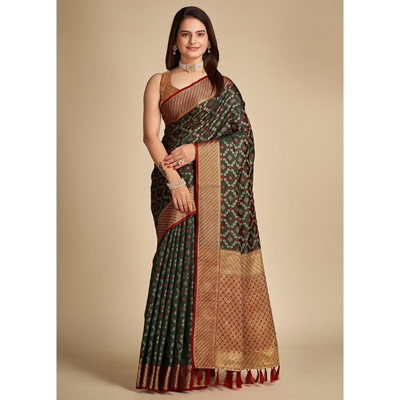 Green Spun Silk Saree With Blouse Piece - JD986587364