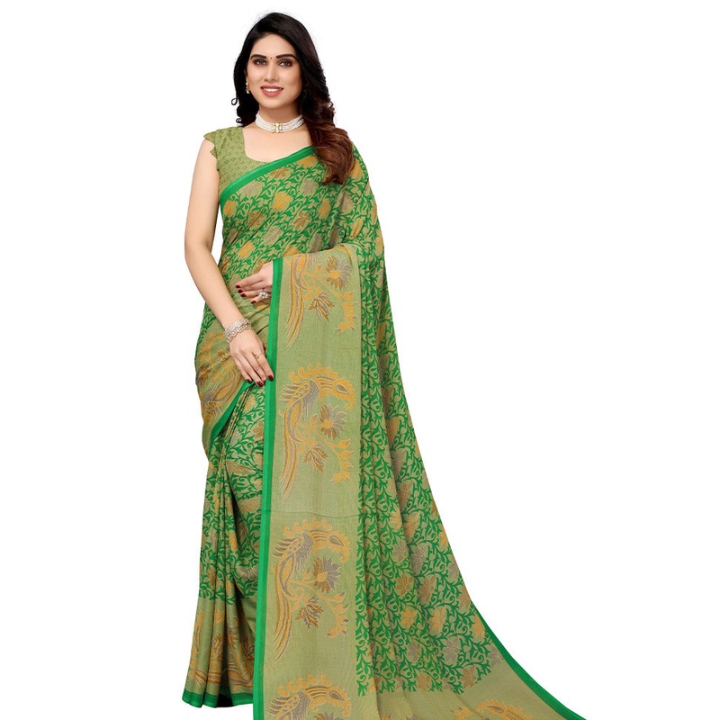 Green Spun Silk Saree With Blouse Piece - JD986587366