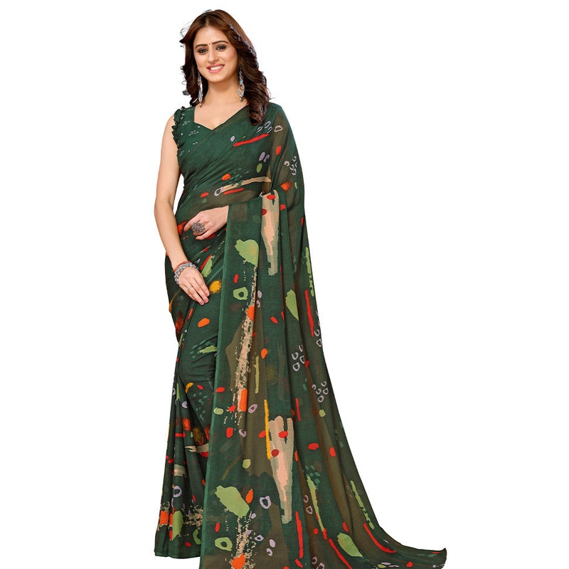Green Spun Silk Saree With Blouse Piece - JD986587367