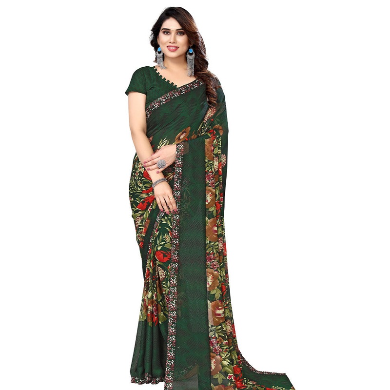 Green Spun Silk Saree With Blouse Piece - JD986587368