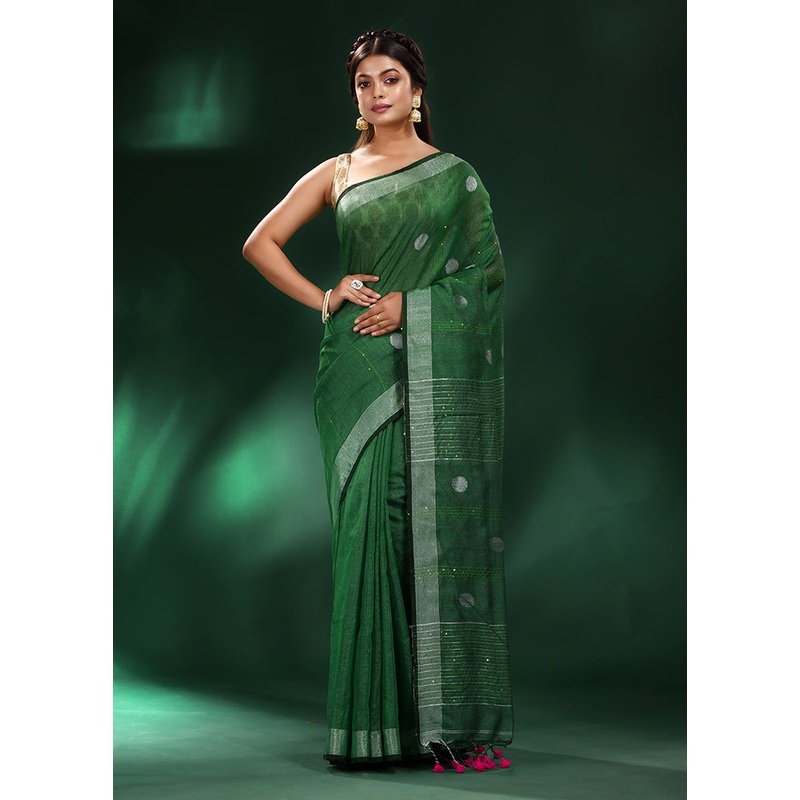 Green Spun Silk Saree With Blouse Piece - JD986587369