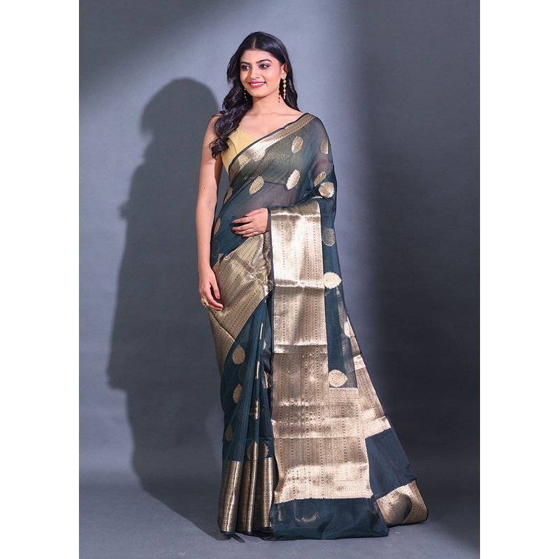 Green Spun Silk Saree With Blouse Piece - JD986587370