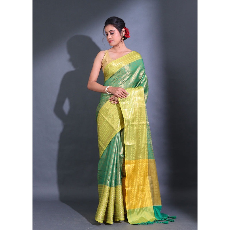 Green Spun Silk Saree With Blouse Piece - JD986587371