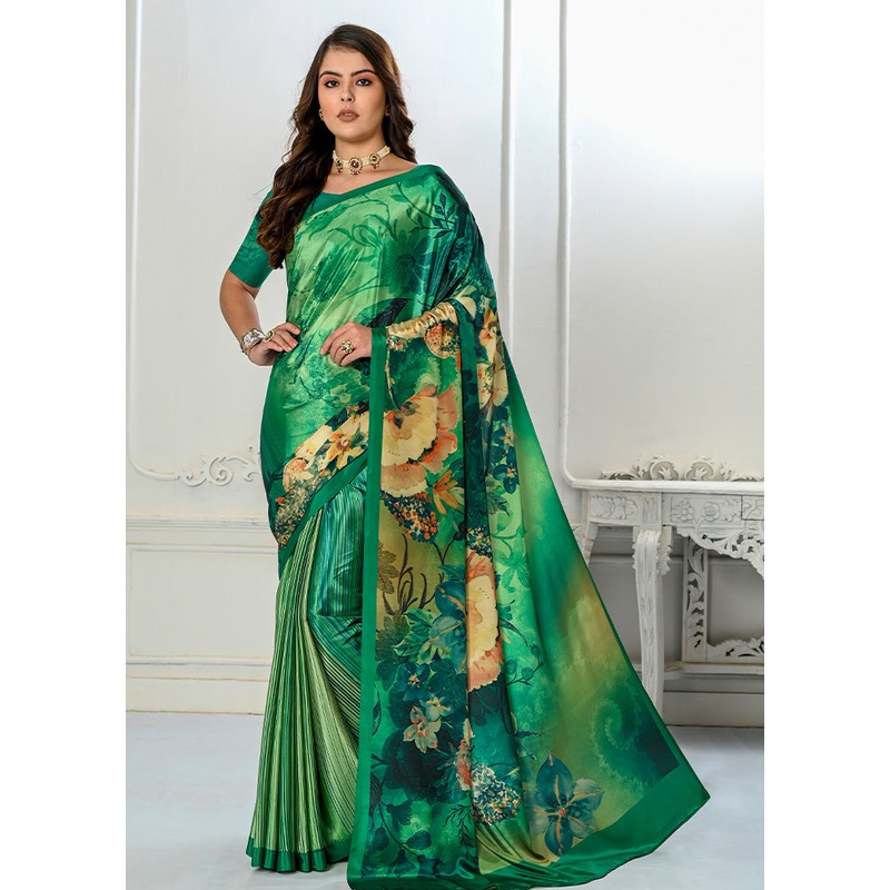 Green Spun Silk Saree With Blouse Piece - JD986587372