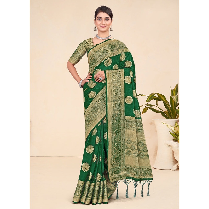 Green Spun Silk Saree With Blouse Piece - JD986587373