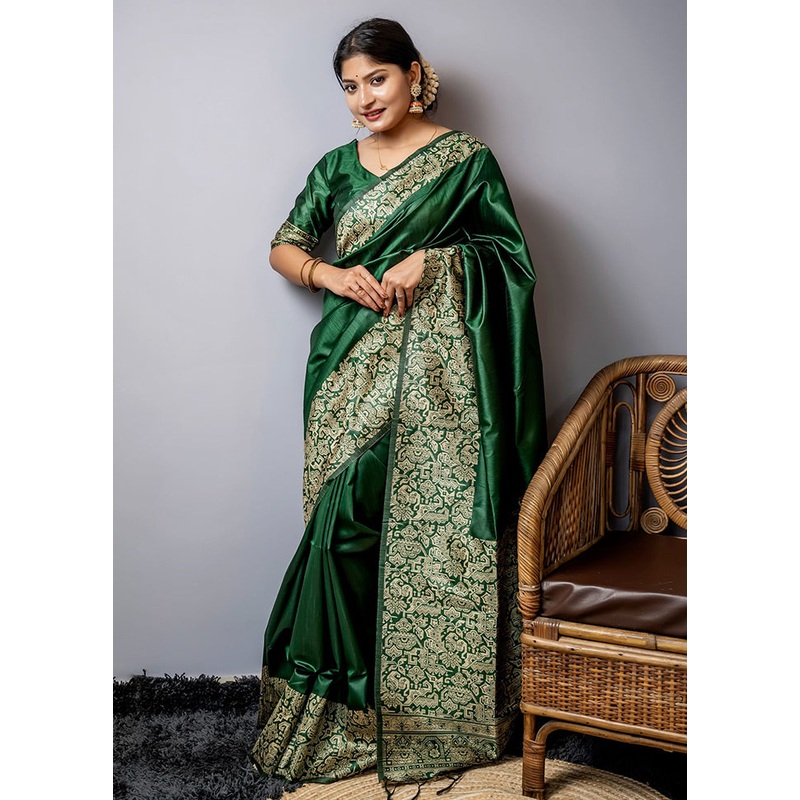 Green Spun Silk Saree With Blouse Piece - JD986587375