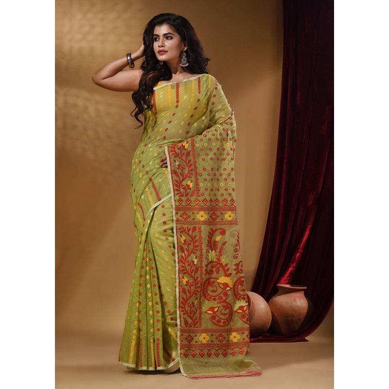 Green Tant Jamdani Saree With Blouse Piece - JD986587354