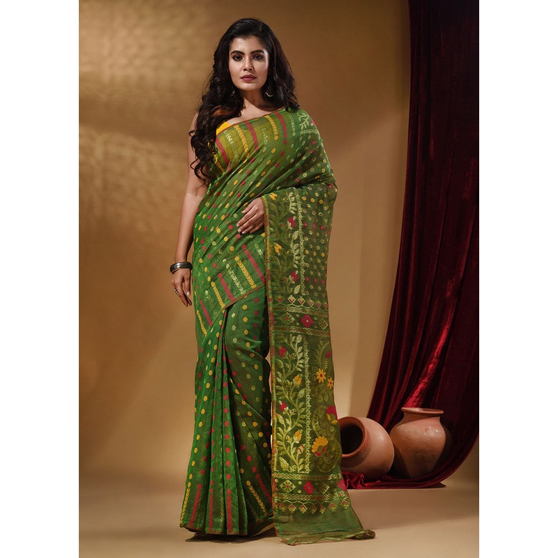 Green Tant Jamdani Saree With Blouse Piece - JD986587355