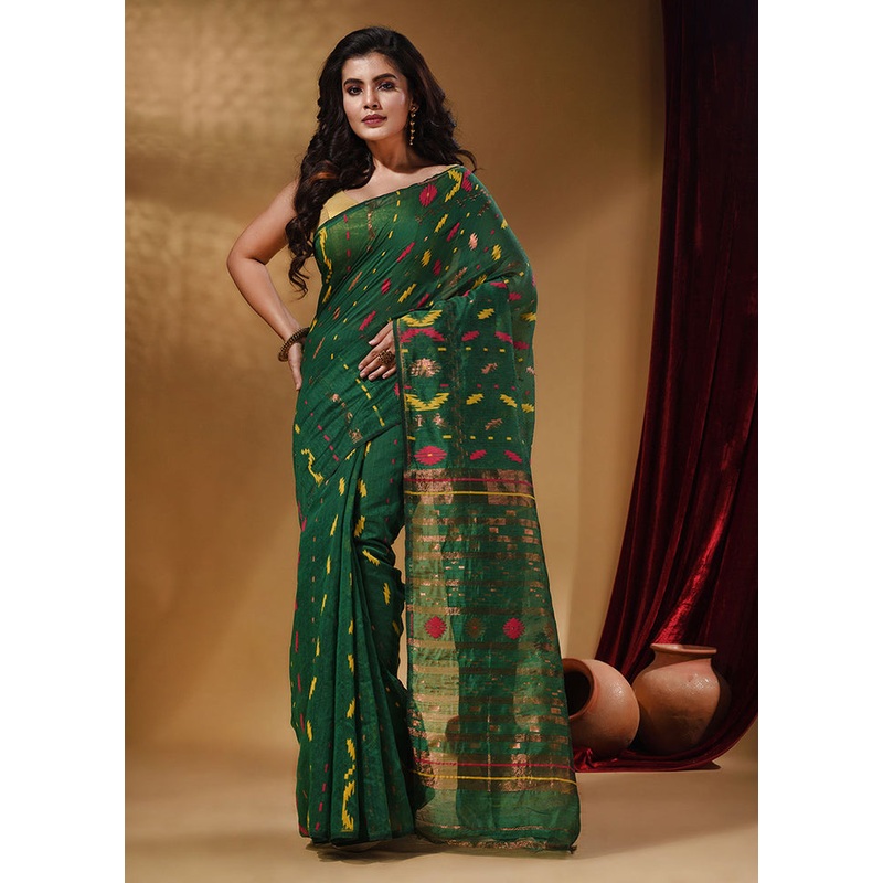 Green Tant Jamdani Saree With Blouse Piece - JD986587356