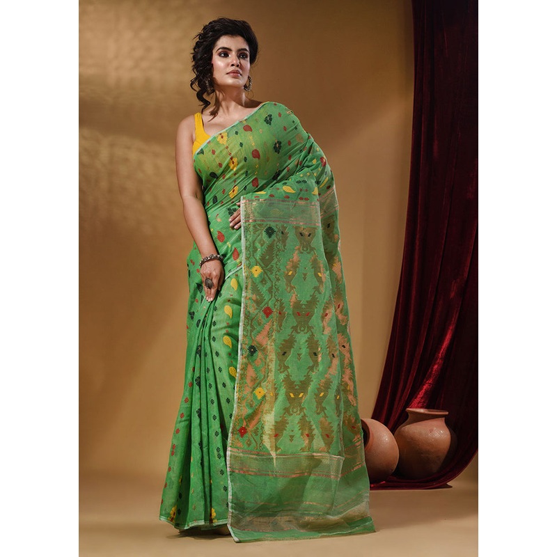 Green Tant Jamdani Saree With Blouse Piece - JD986587357