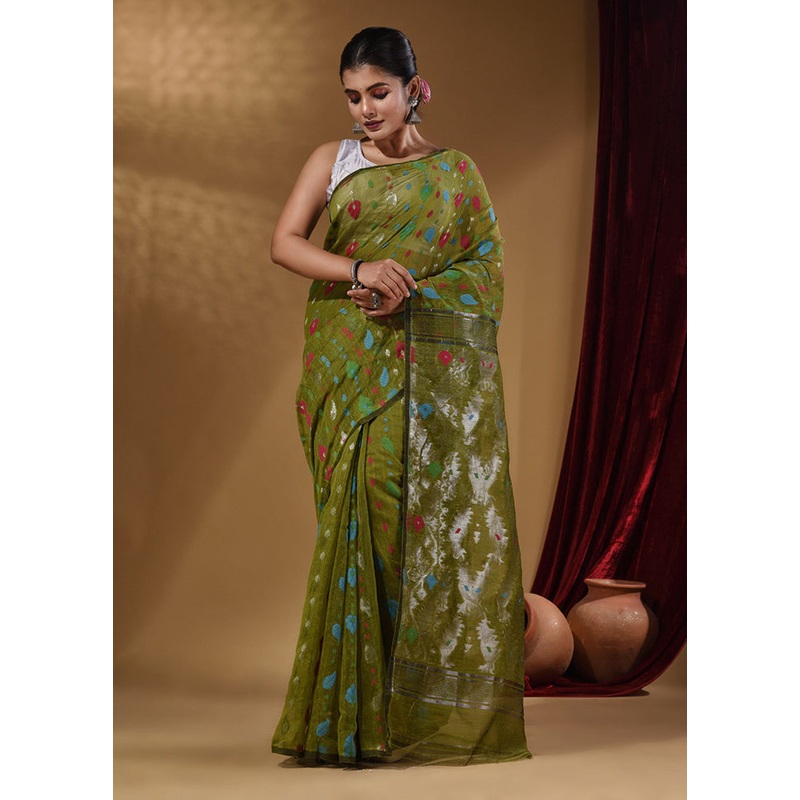 Green Tant Jamdani Saree With Blouse Piece - JD986587358