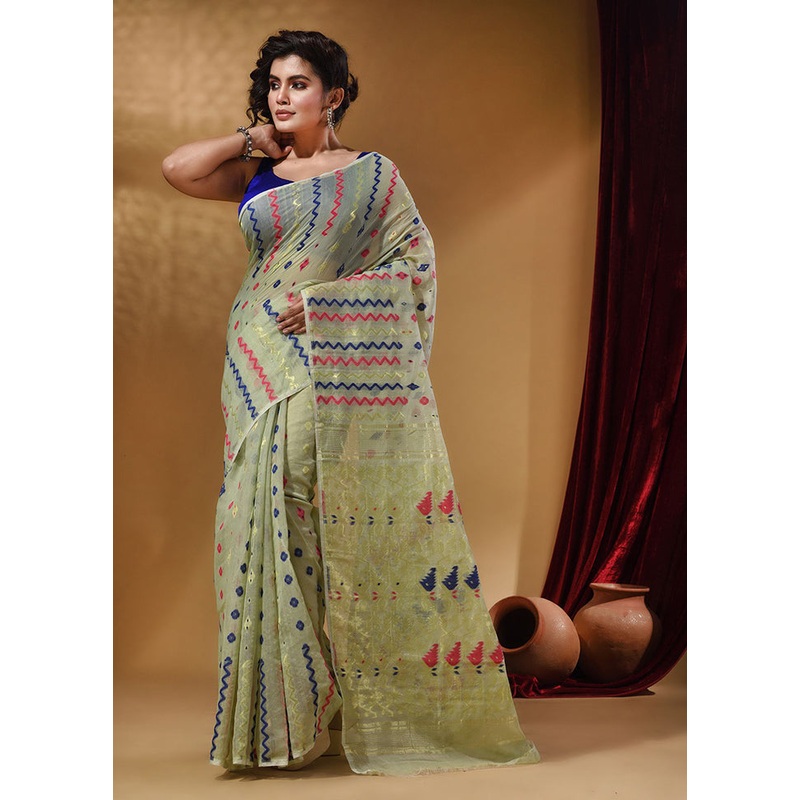 Green Tant Jamdani Saree With Blouse Piece - JD986587359