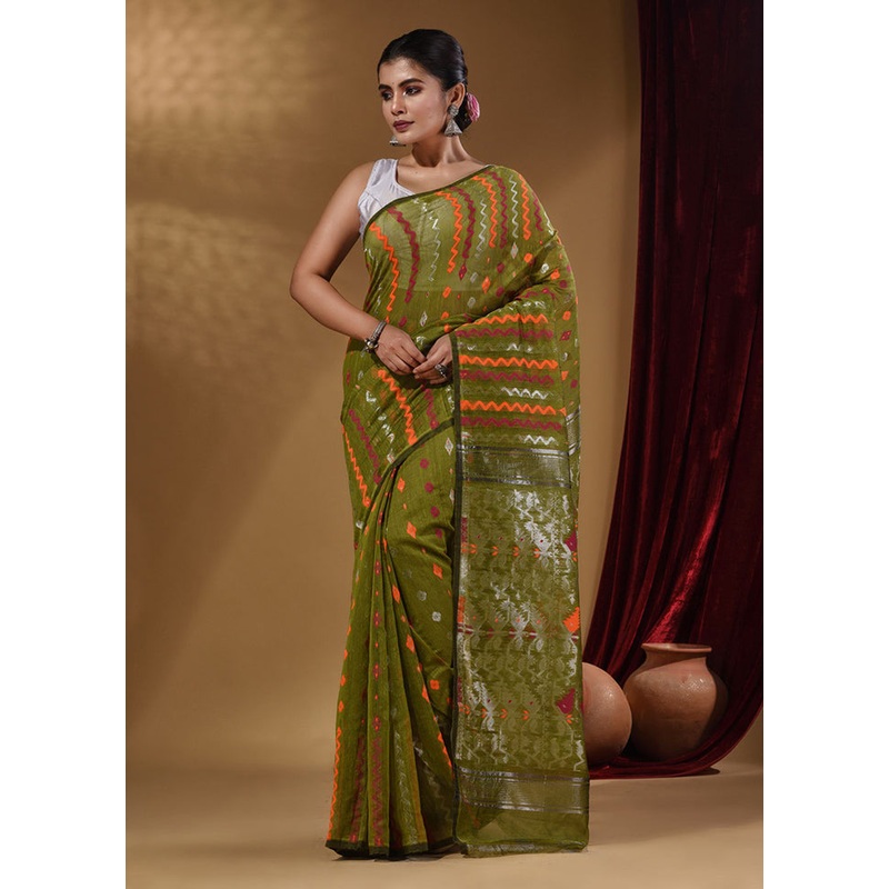 Green Tant Jamdani Saree With Blouse Piece - JD986587360