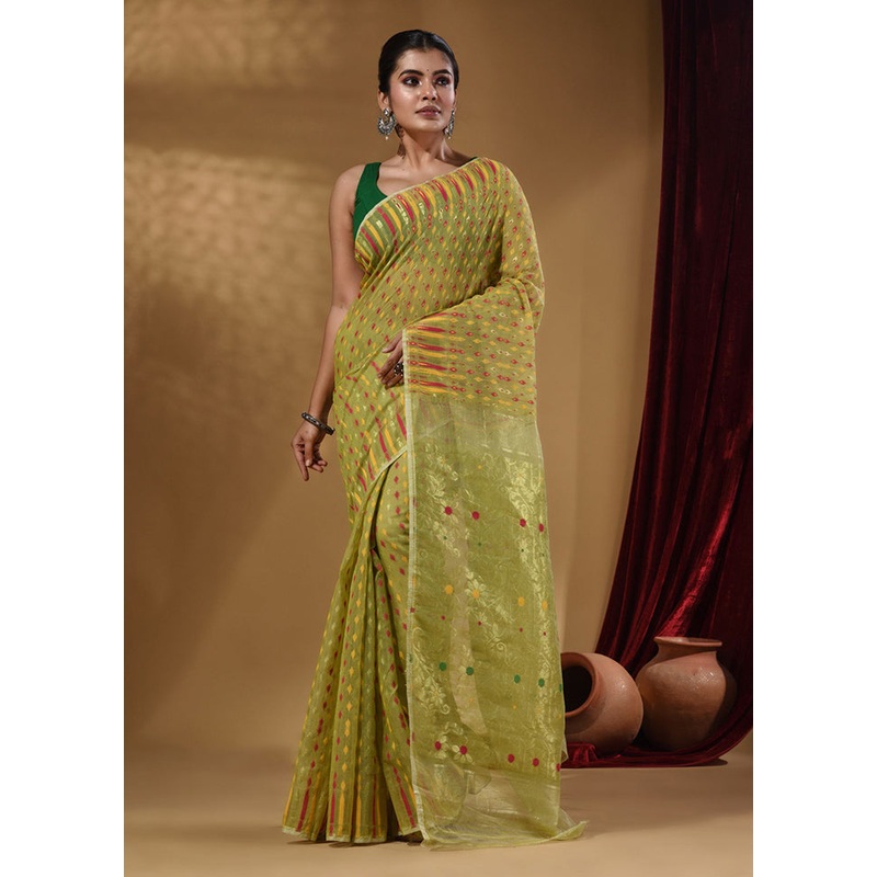 Green Tant Jamdani Saree With Blouse Piece - JD986587361