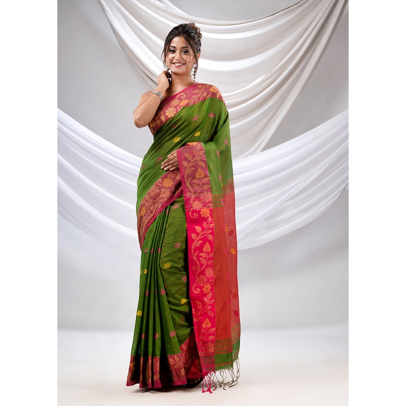 Green Tissue Saree With Blouse Piece - JD986587353