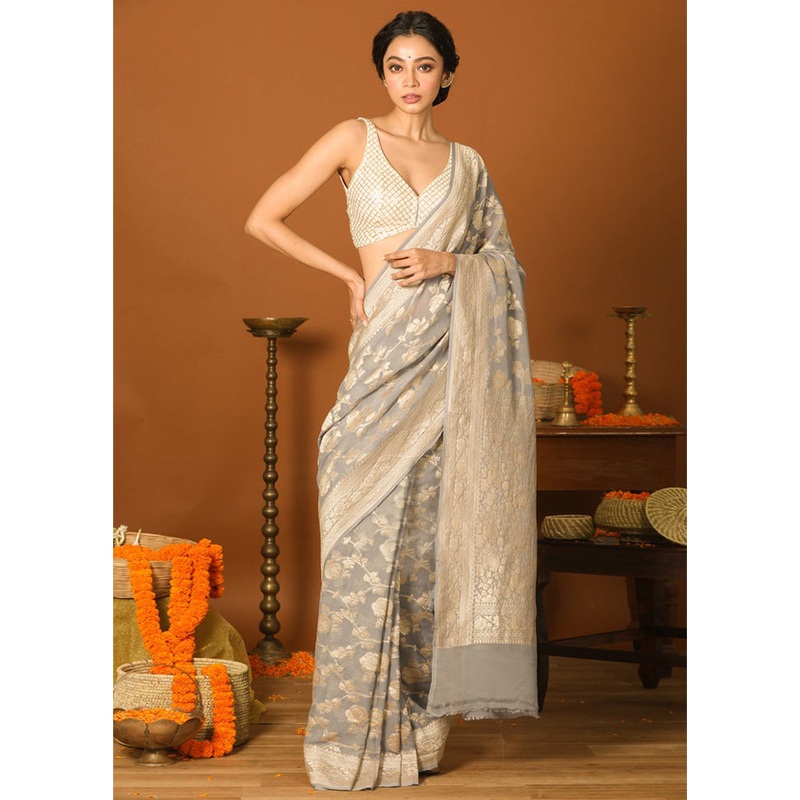 Grey Chiffon Pure Silk Saree With Blouse Piece - JD986587350