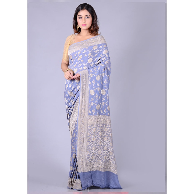 Grey Chiffon Pure Silk Saree With Blouse Piece - JD986587351