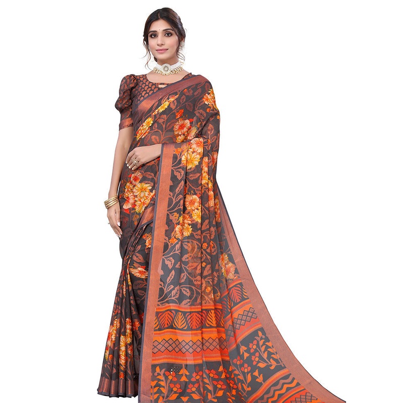 Grey Chiffon Silk Saree With Blouse Piece - JD986587349