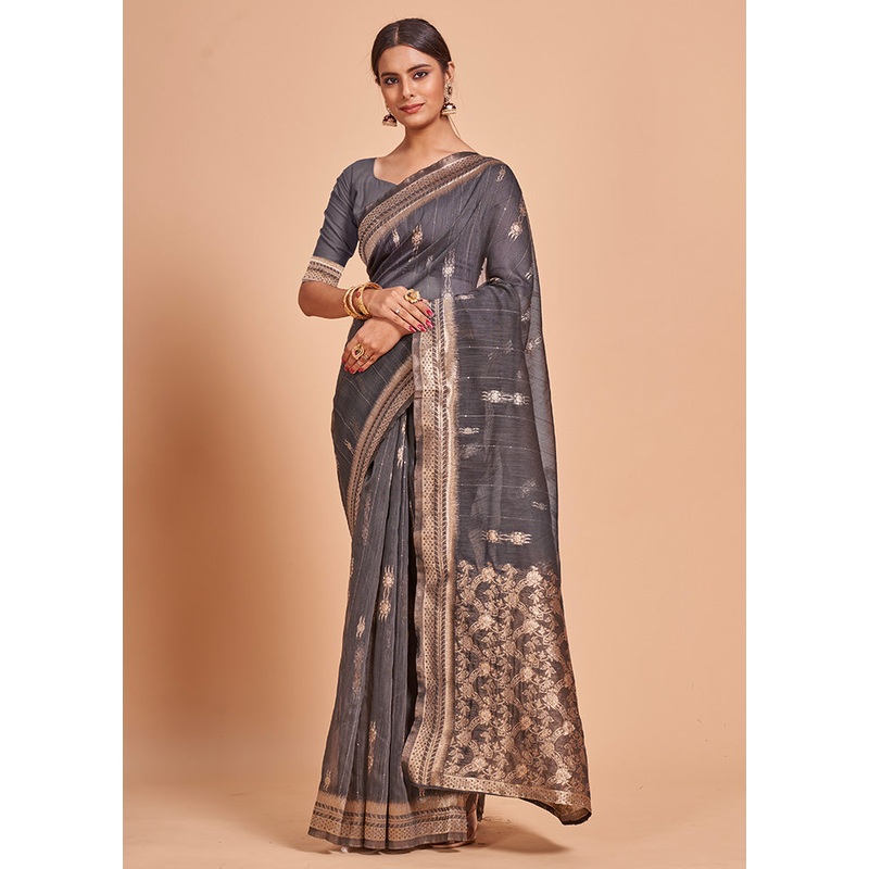 Grey Cotton Saree With Blouse Piece - JD986587325