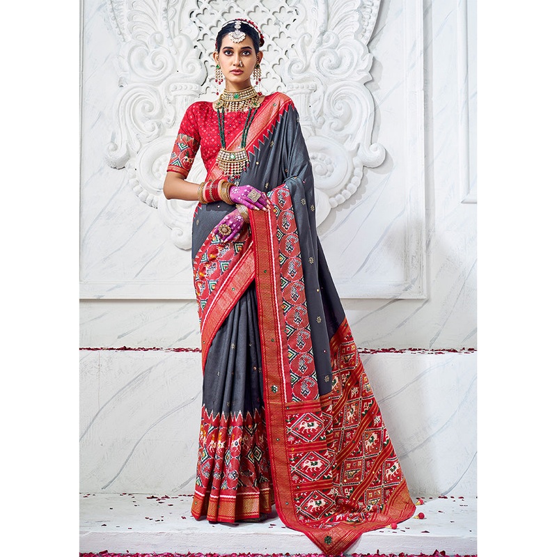 Grey Cotton Saree With Blouse Piece - JD986587326