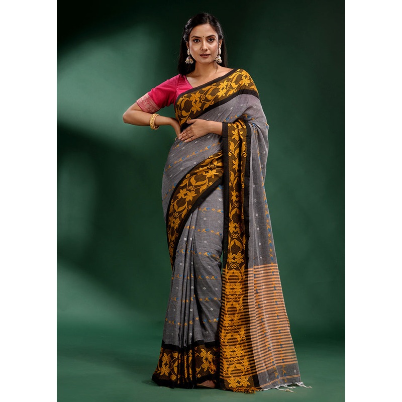 Grey Cotton Saree With Blouse Piece - JD986587327
