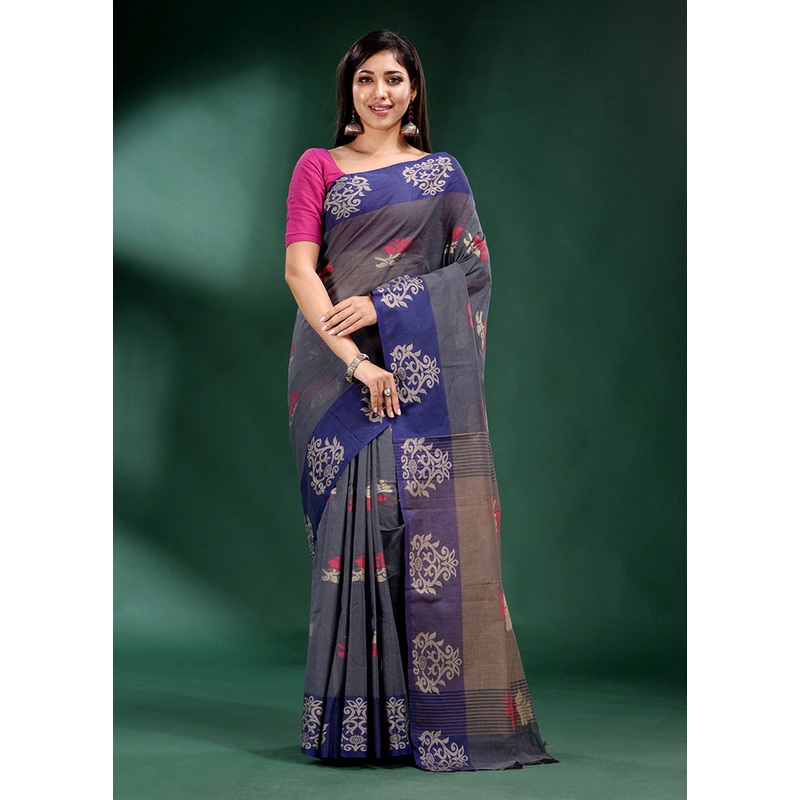 Grey Cotton Saree With Blouse Piece - JD986587328