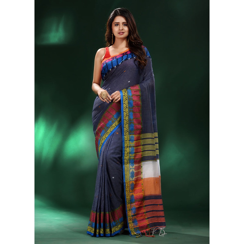 Grey Cotton Saree With Blouse Piece - JD986587329