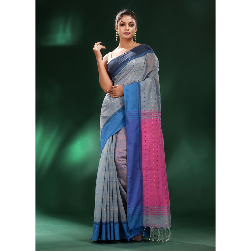 Grey Cotton Saree With Blouse Piece - JD986587330