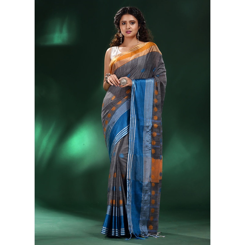 Grey Cotton Saree With Blouse Piece - JD986587331