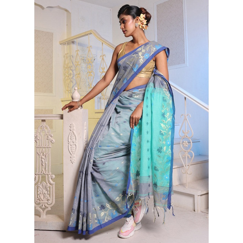 Grey Cotton Saree With Blouse Piece - JD986587332