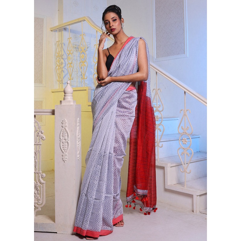 Grey Cotton Saree With Blouse Piece - JD986587333