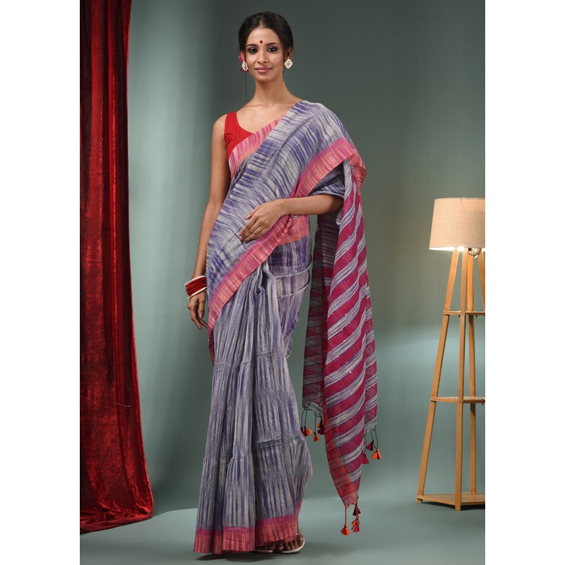 Grey Cotton Saree With Blouse Piece - JD986587334