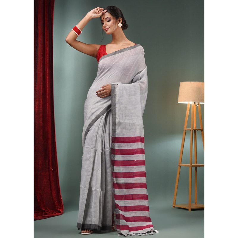 Grey Cotton Saree With Blouse Piece - JD986587335