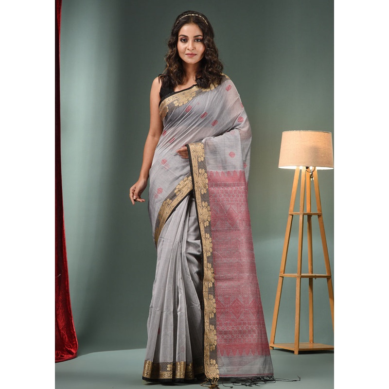 Grey Cotton Saree With Blouse Piece - JD986587337