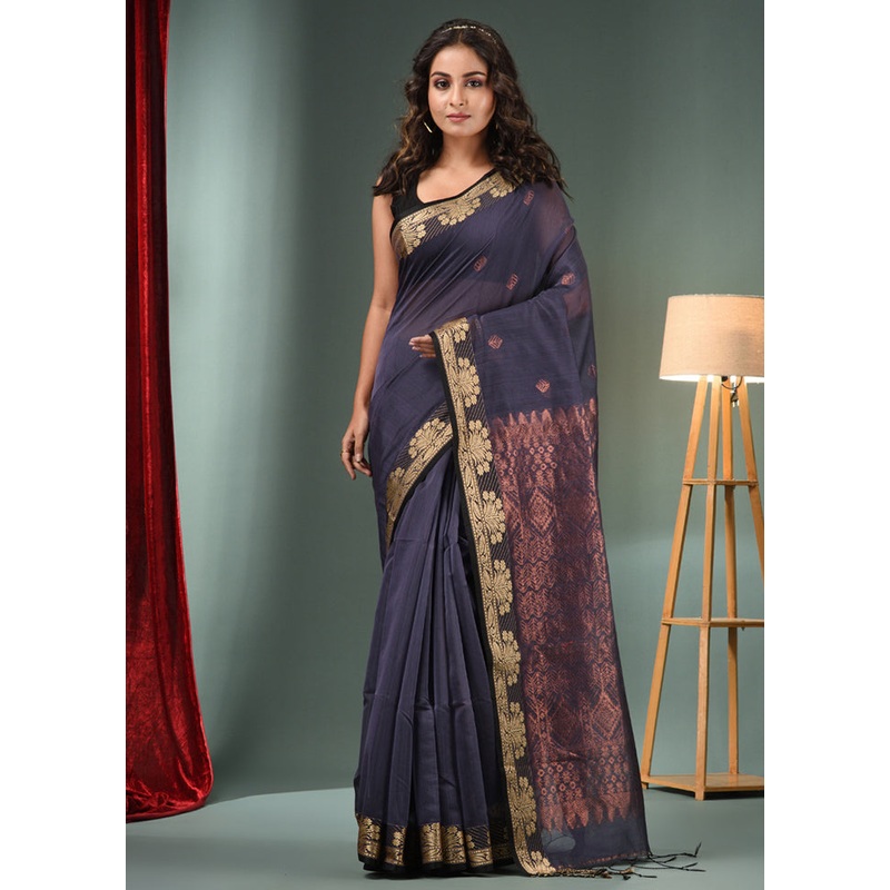 Grey Cotton Saree With Blouse Piece - JD986587338