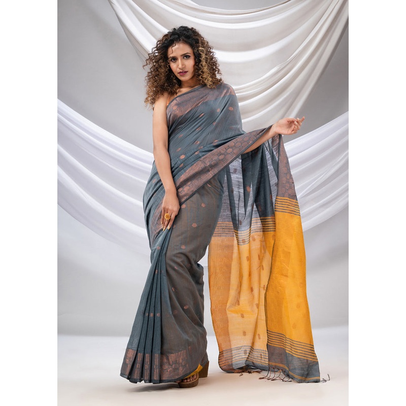 Grey Cotton Saree With Blouse Piece - JD986587339