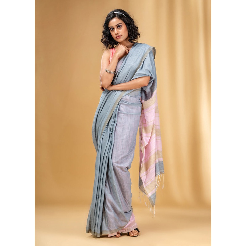 Grey Cotton Saree With Blouse Piece - JD986587340