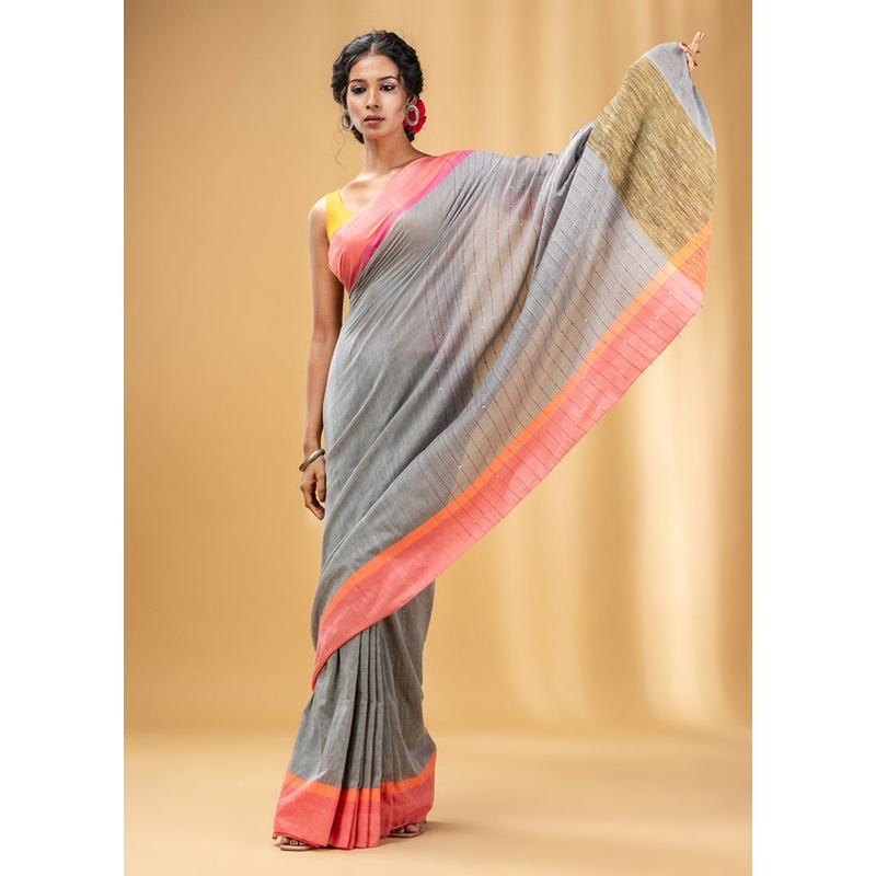 Grey Cotton Saree With Blouse Piece - JD986587344