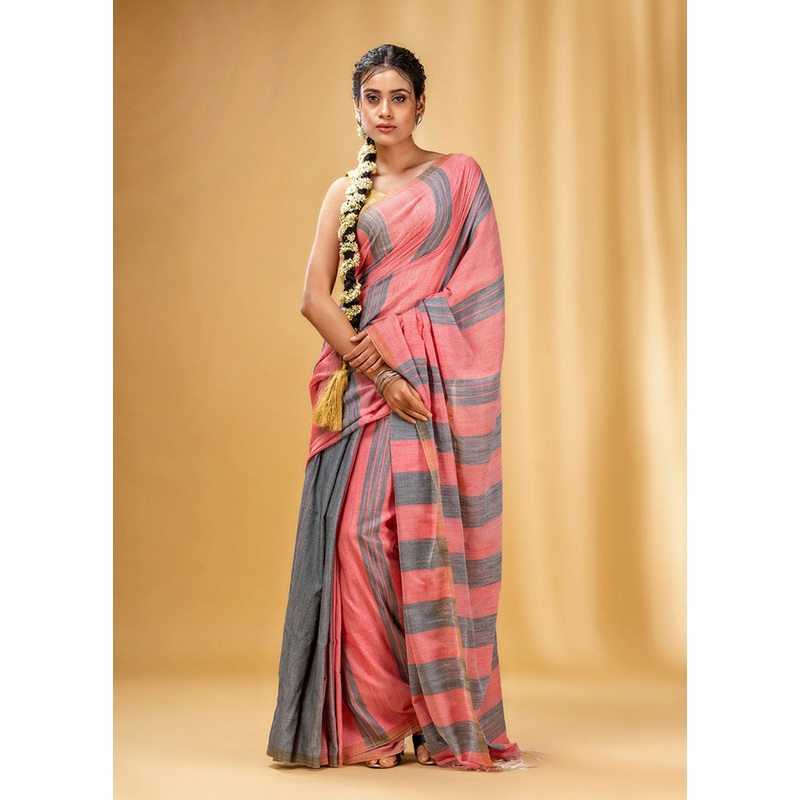 Grey Cotton Saree With Blouse Piece - JD986587345