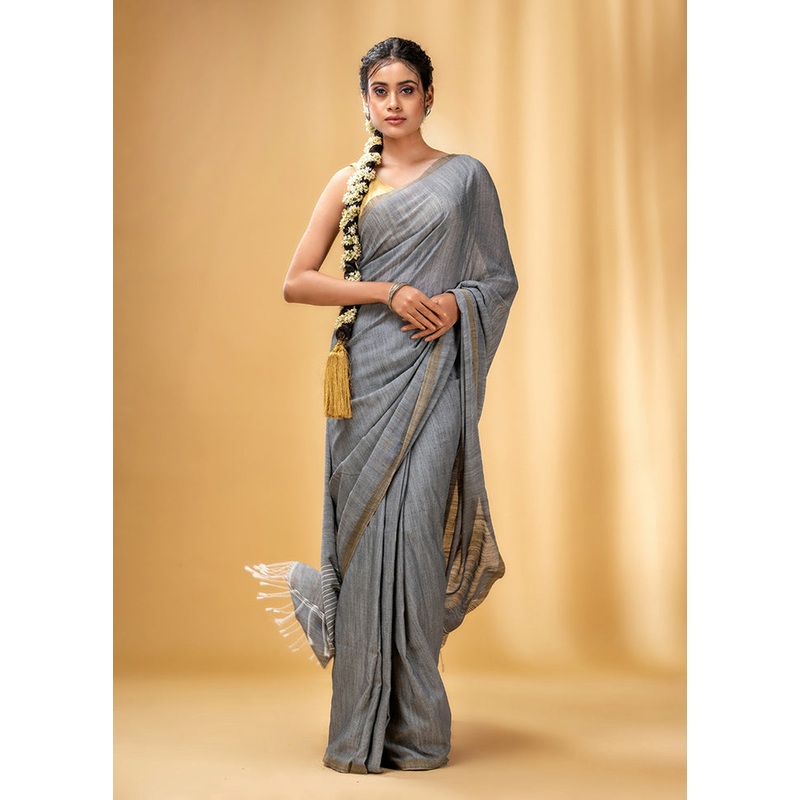 Grey Cotton Saree With Blouse Piece - JD986587346