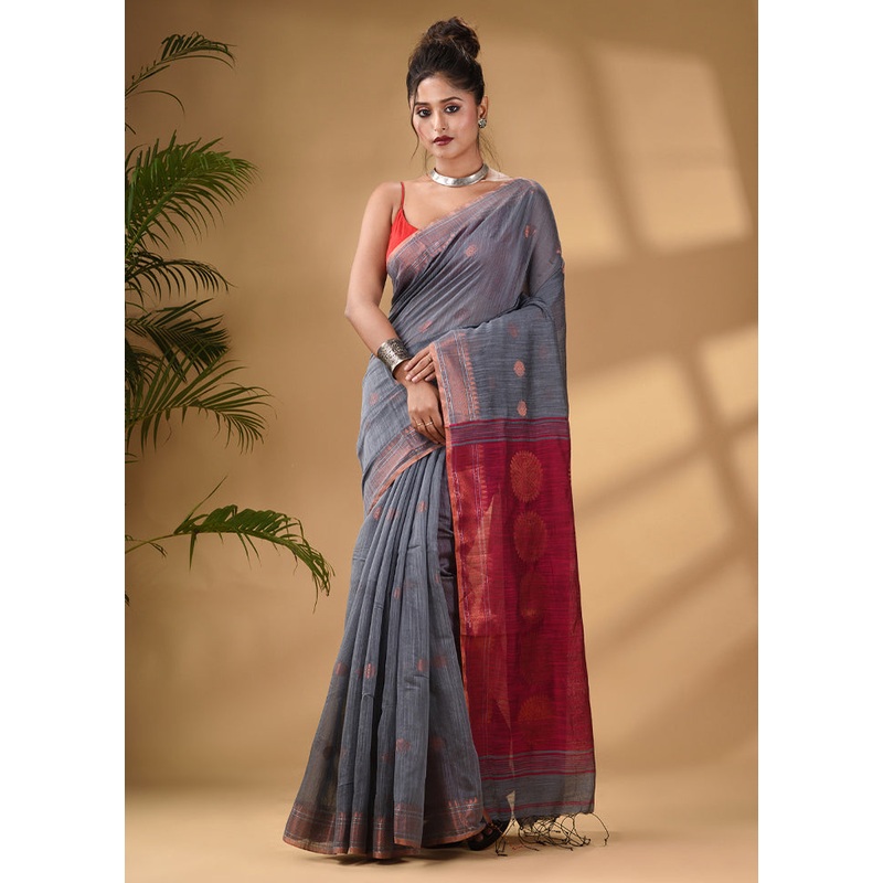 Grey Cotton Saree With Blouse Piece - JD986587347
