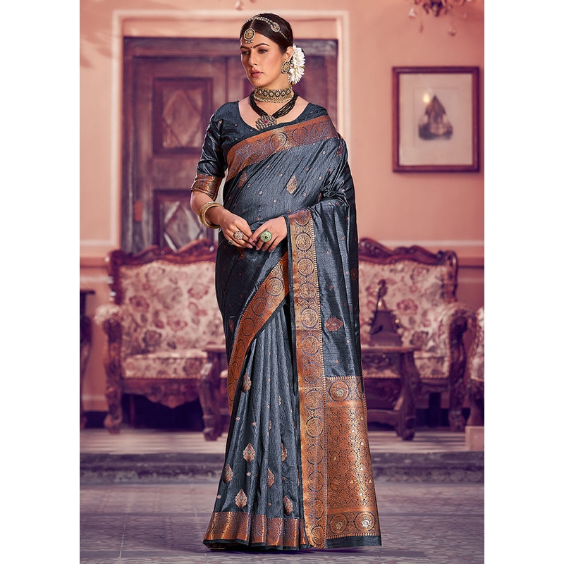 Grey Dupion Silk Saree With Blouse Piece - JD986587311