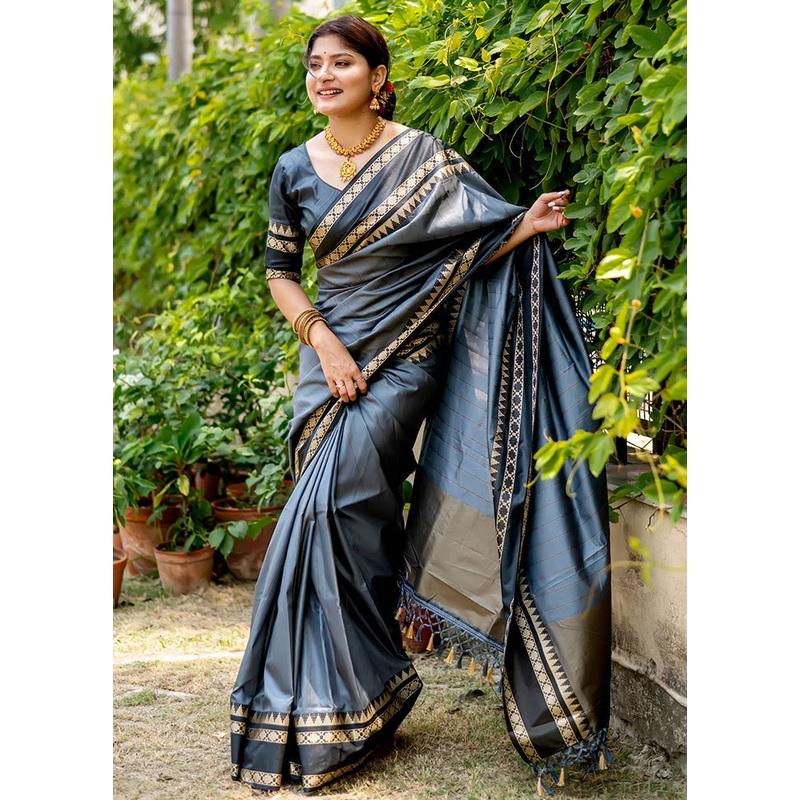 Grey Dupion Silk Saree With Blouse Piece - JD986587312
