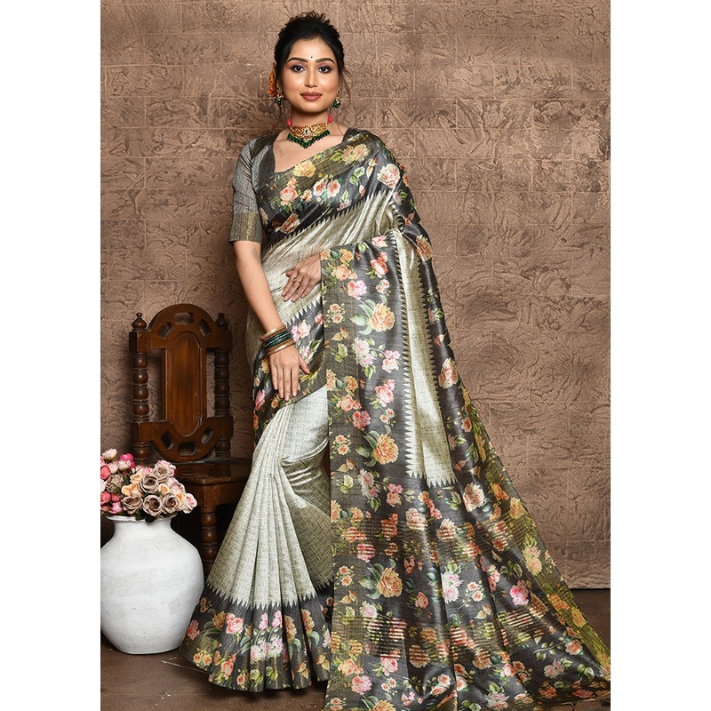 Grey Dupion Silk Saree With Blouse Piece - JD986587314