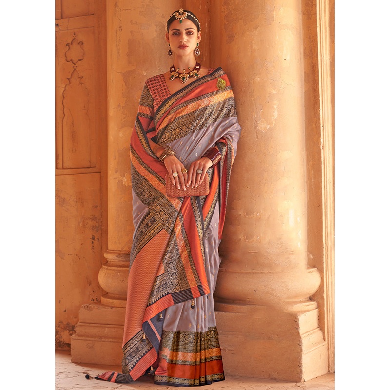GREY Dupion Silk Saree With Blouse Piece - JD986587315