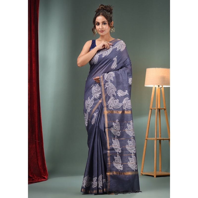 Grey Dupion Silk Saree With Blouse Piece - JD986587319
