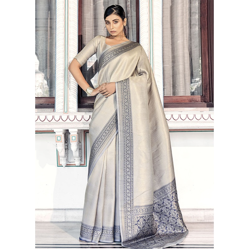 Grey Dupion Silk Saree With Blouse Piece - JD986587320