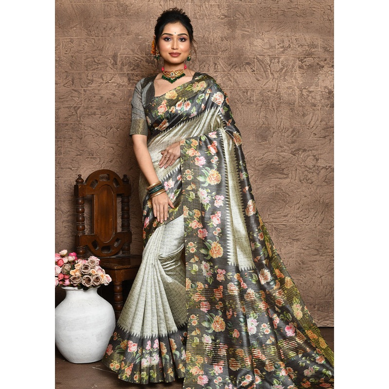 Grey Dupion Silk Saree With Blouse Piece - JD986587321