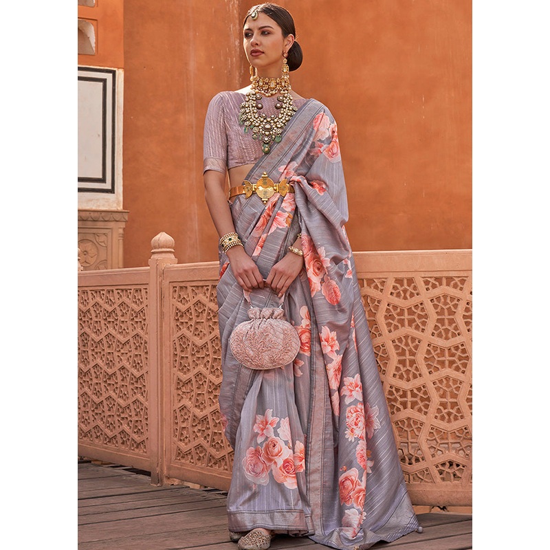 Grey Dupion Silk Saree With Blouse Piece - JD986587322